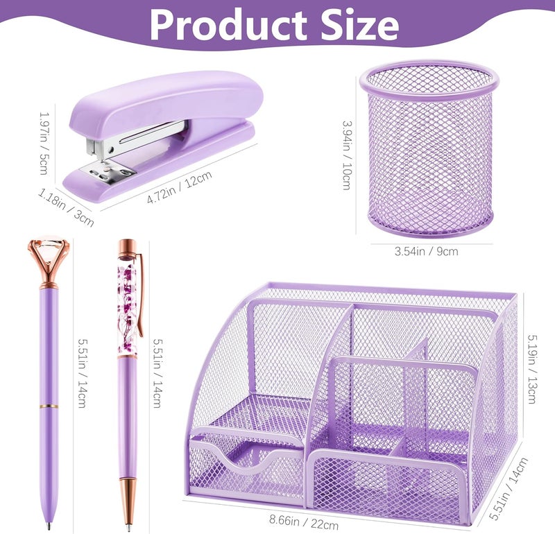 Fayoo 15 Pcs Purple Office Supplies Set Mesh Desk Organizer Accessories Kit Include Stapler Tape Dispenser Staple Remover Clips Ruler Scissors Sticky Notes for Office School Home Women (Purple) - Image 2